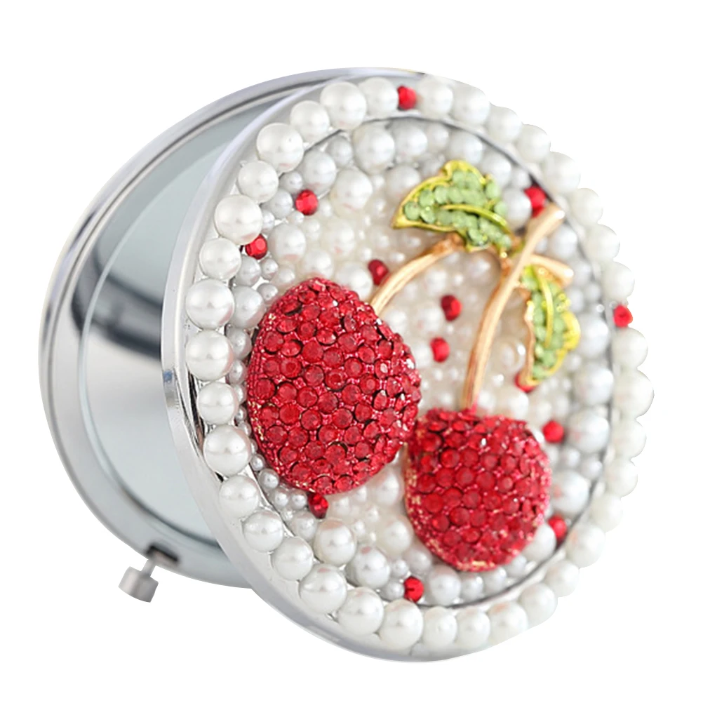 Mini specchio per il trucco pieghevole a doppia faccia con design a ciliegia, compatto e portatile, per le donne, leggero, essenziale da viaggio