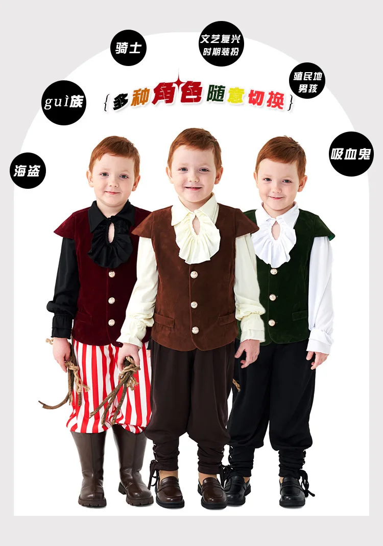 Jungen Vampir Mittelalterlicher Piratenritter 3-teiliges Set Rüschenhemd Weste Hose Halloween Bühnenauftritt Outfits Karnevalssets PS66 – Detail 1