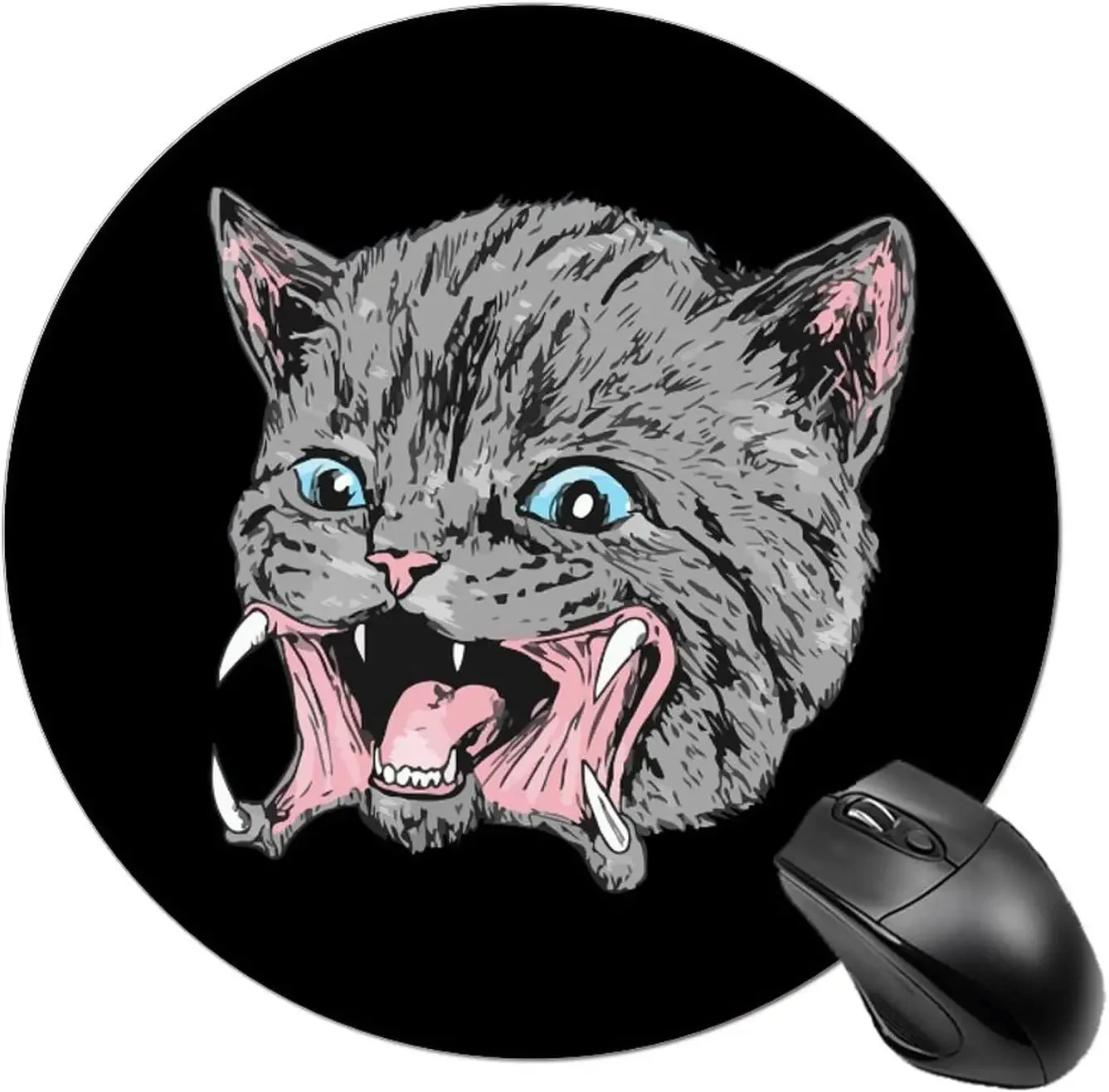 

Забавный круглый коврик для мыши Feral Cat Ferocious Mouth с дизайном, небольшой нескользящий резиновый игровой коврик для мыши для офиса, общежития 7,9 x 7,9 дюйма