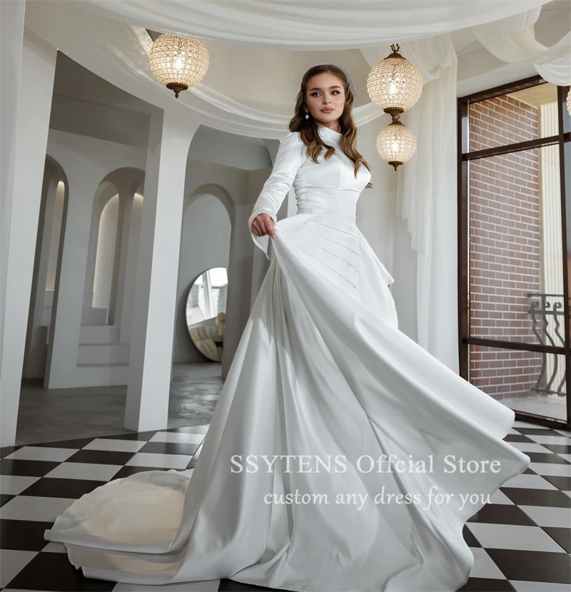 Formelle Brautkleider High Neck Lange Ärmel Meerjungfrau Braut Brautkleider Bodenlang Muslim Bespoke Weiß Standesamtliche Hochzeit