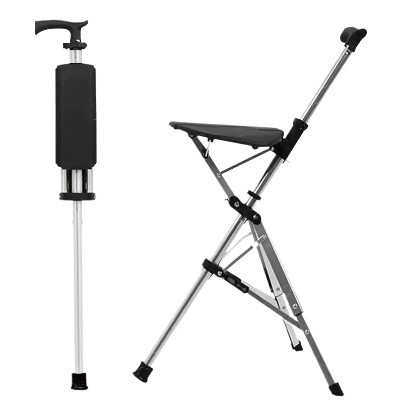 Adjustable Aluminum Cane Chair Walker with Foldable Seat Lightweight Mobility Aid for Elderly Support Walking Stick Crutch