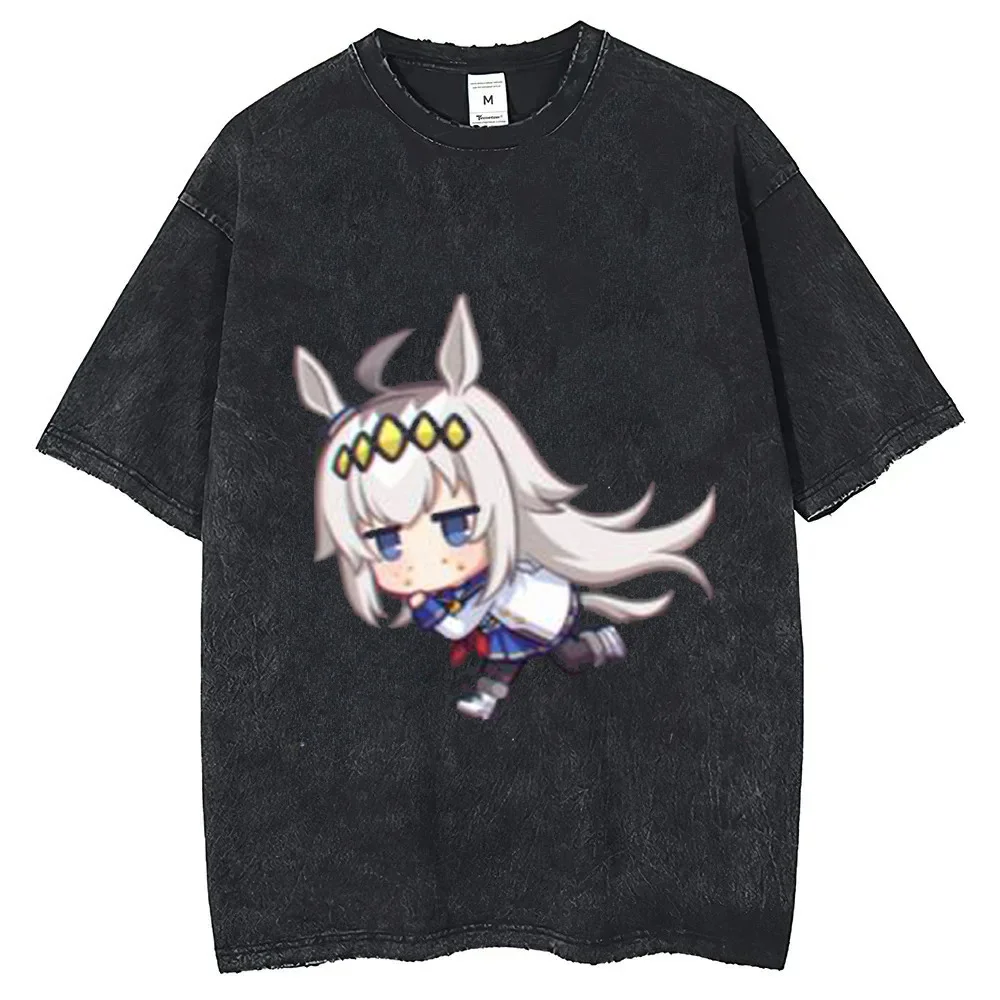 Oguri Cap Umamusume Pretty Derby T Shirt Vintage Washed Chibi Anime Graphic Short Sleeve Tee Harajuku Streetwear Men Women Tops