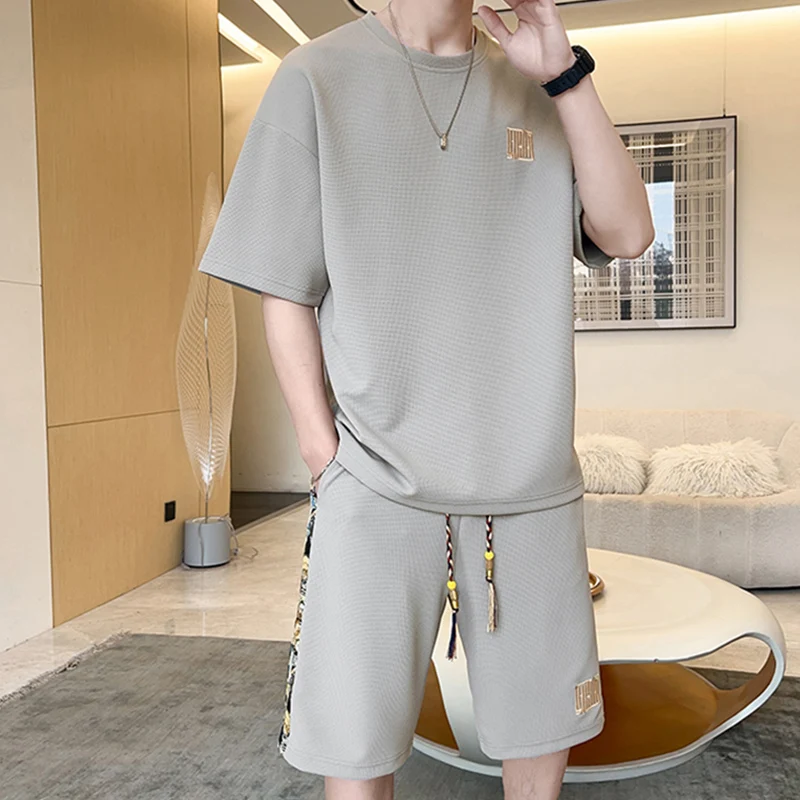 2024 Waffle Print 2 Piece Men Shorts Set Summer New Tracksuit Men Fashion Clothing Harajuku Style Fashion Loose Fit Sweatsuit