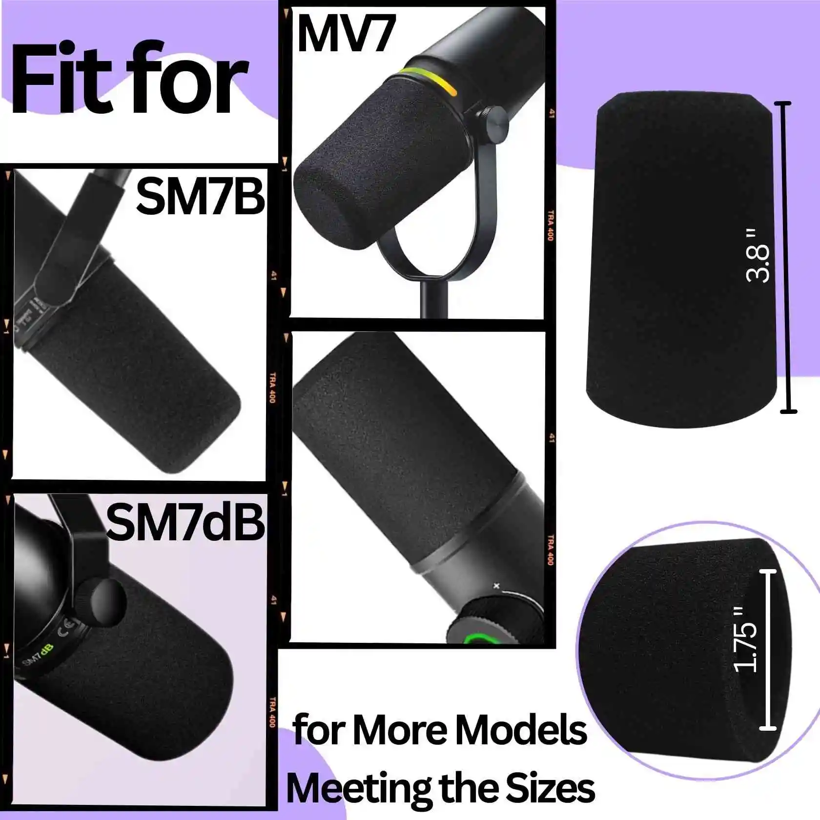 مرشح غطاء ميكروفون SM7 لـ Shure SM7B، زجاج أمامي من الإسفنج عالي الكثافة SM7dB مع حلقة ياقة متوهجة باللون البنفسجي، للبودكاست #4