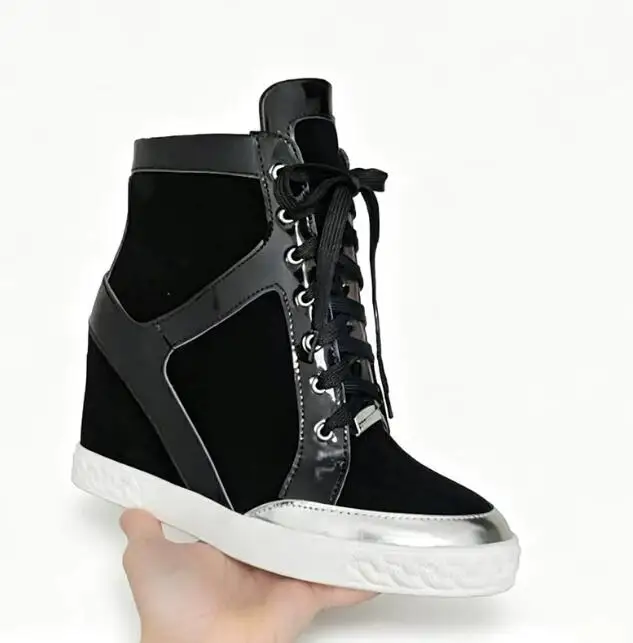 Roman Cow Suede Contrast Color Inner Wedge Ankle Boots 8Cm Height Increased Bling Patchwork Toe Lace-Up Mixed Color Shoes