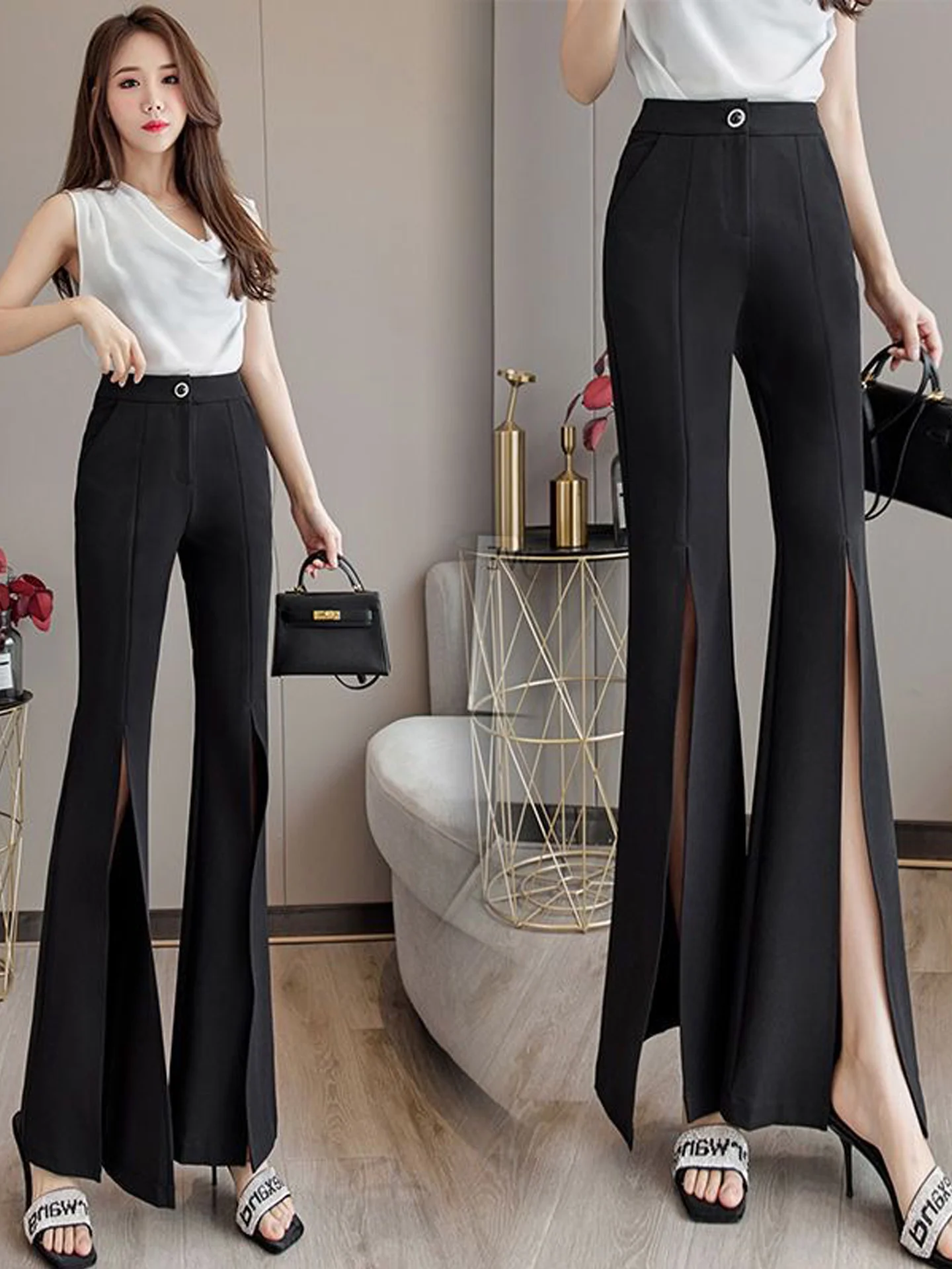 Korean Style High Waist Flared Pants Women's Pure Color Slit Slimming Long Trousers Fashionable Casual Pants for Autumn