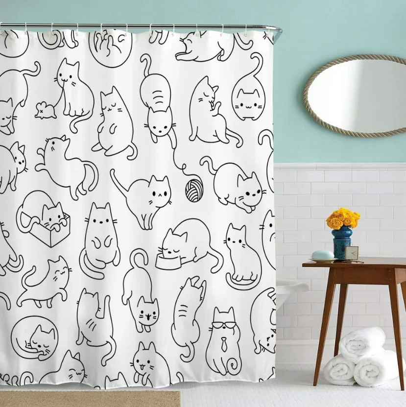 Black Line Katzen-Duschvorhänge, waschbarer Stoff, Polyester, für Badewanne, Kunst, Badezimmer, Dekor, Trennwand mit Haken, zum Aufhängen, wasserdicht – Detail 2
