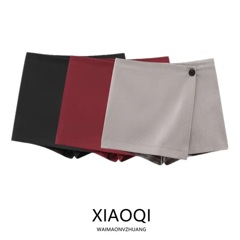 Primavera 2025 Falda Plón Corta Cruzada de Color Sólido, Versátil, Casual y a la Moda para Mujer, Cintura Media, Estilo C...