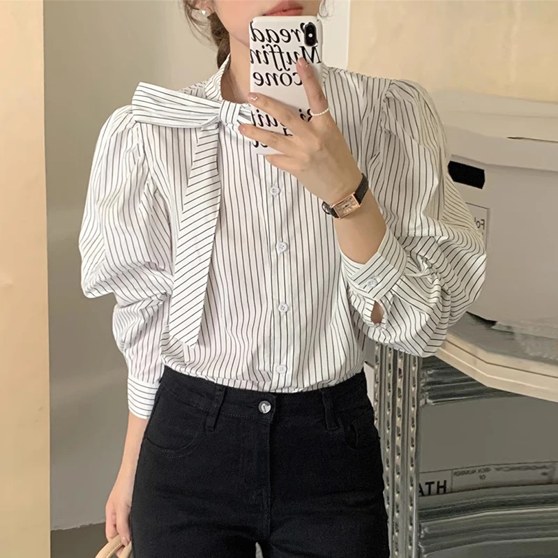 Nomikuma Korean Chic Spring Retro Standing Neck Bow Design Casual Versatile Long Sleeved Striped Shirt for Women Tops