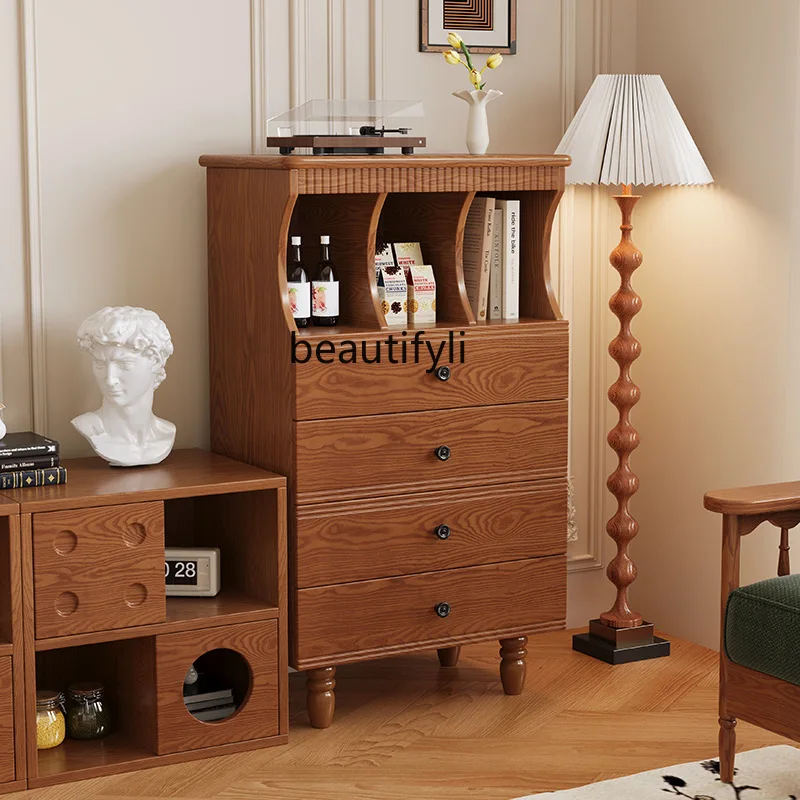 

Medieval style solid wood four-drawer cabinet retro dining side bedroom wall storage living room entrance drawer cabinet