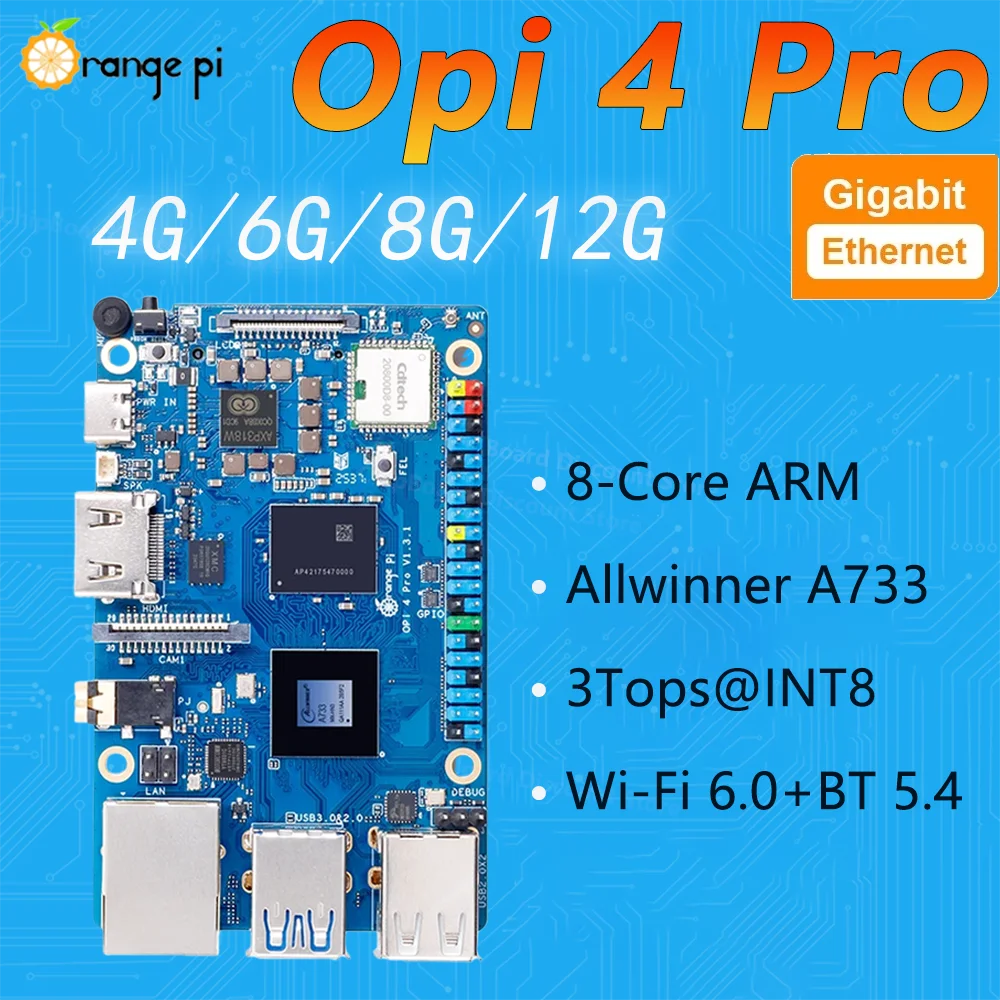 Orange Pi 4Pro 2GB/6GB/8GB/12GB LPDDR5 Dev Board Allwinner A733 Chip 3Tops NPU Wi-Fi6.0 + BT5.4 M.2 M-Key Slot Board Computer