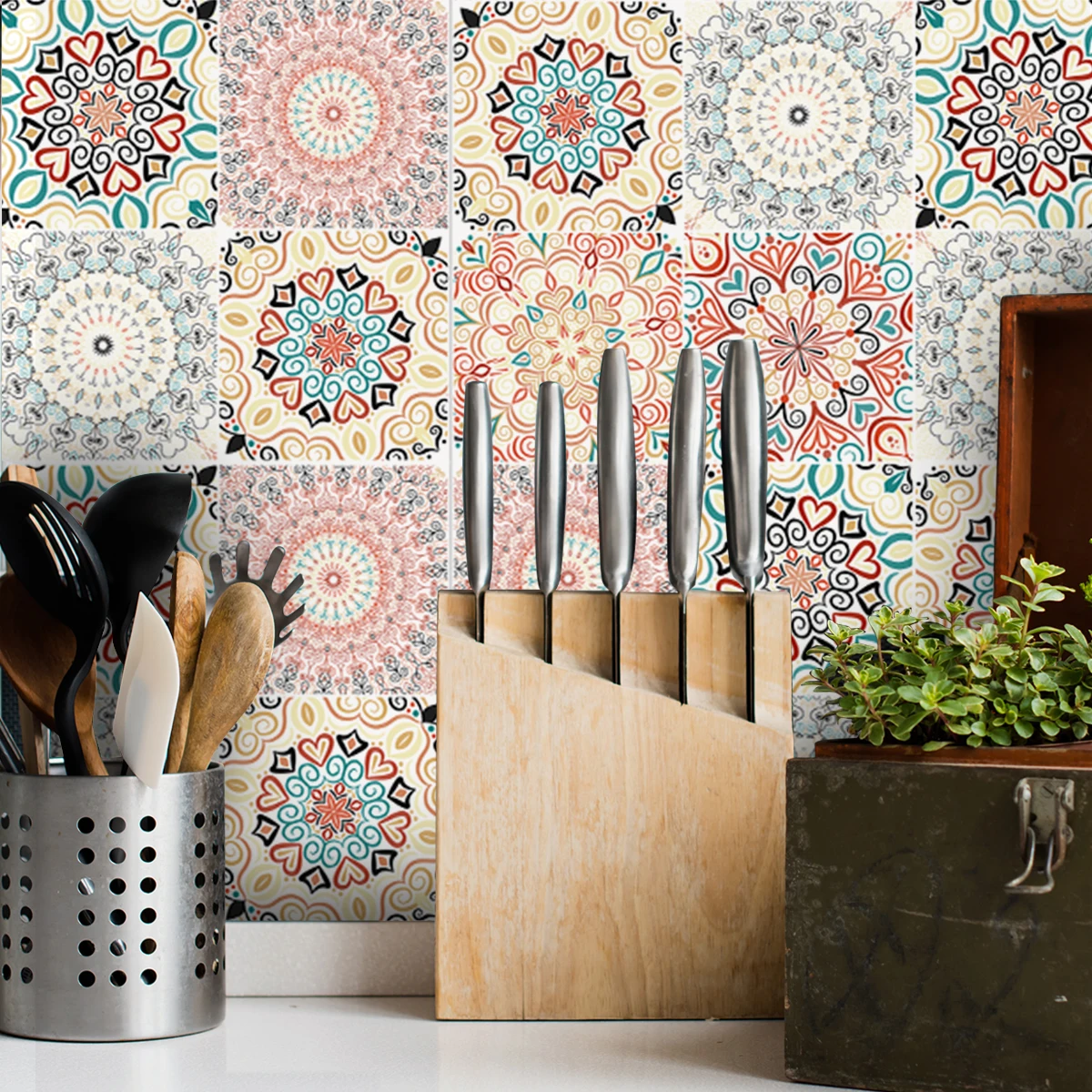 1 Roll Bohemian Pattern Oil and Moisture Resistant Kitchen Stickers PVC Thickened Self-Adhesive Removable Moisture Resistant Sti