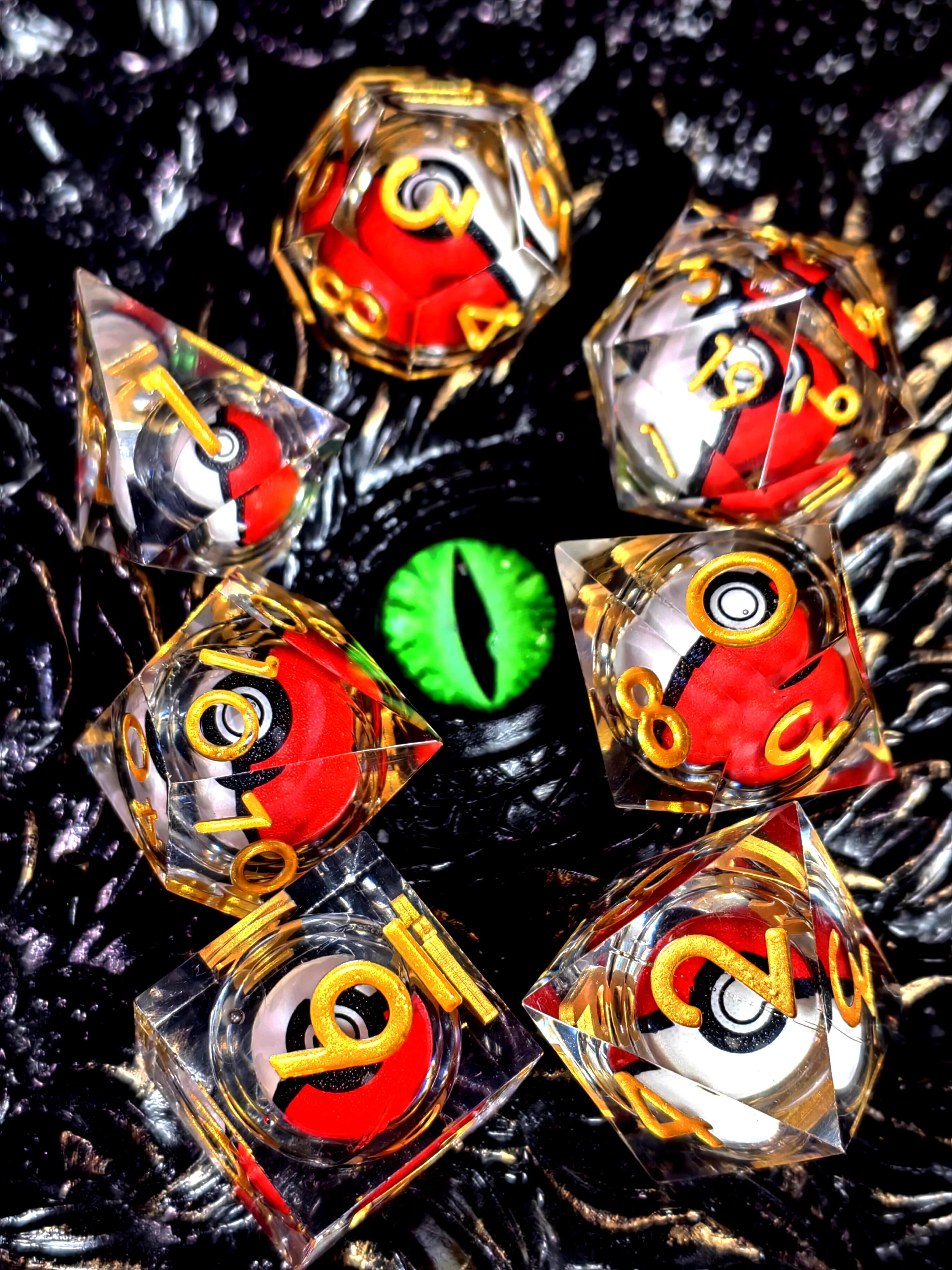 

DnD Dice Set - 7-Piece Resin Dice with Spinning Dragon Eye Core, Transparent Gold Numbered, Perfect for RPG & Board Games