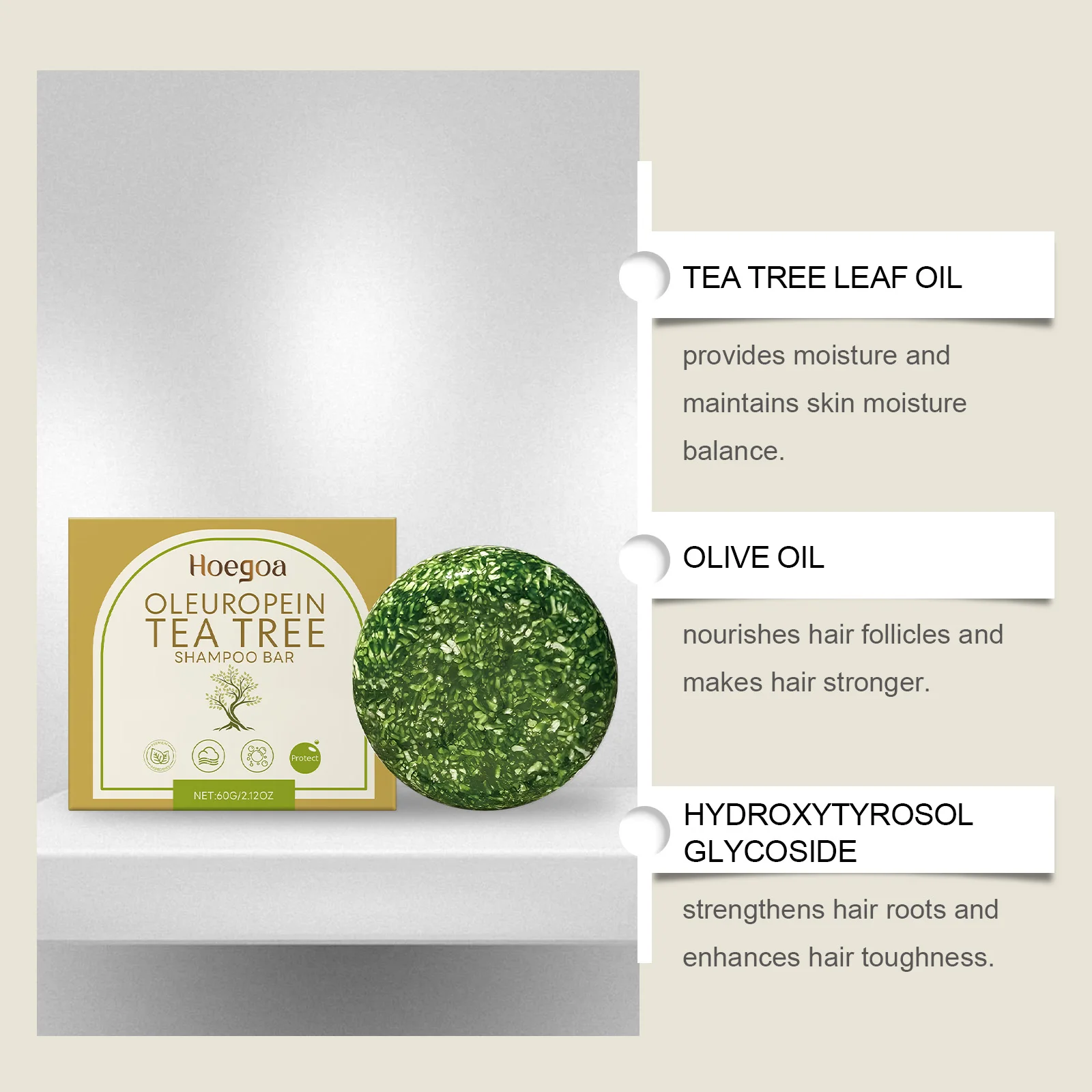 HOEGOA 60g Oleuropein Tea Tree Shampoo Bar Herbal Formula Nourish Scalp Strengthen  Roots Moisturize Hair Maintains pH Balance
