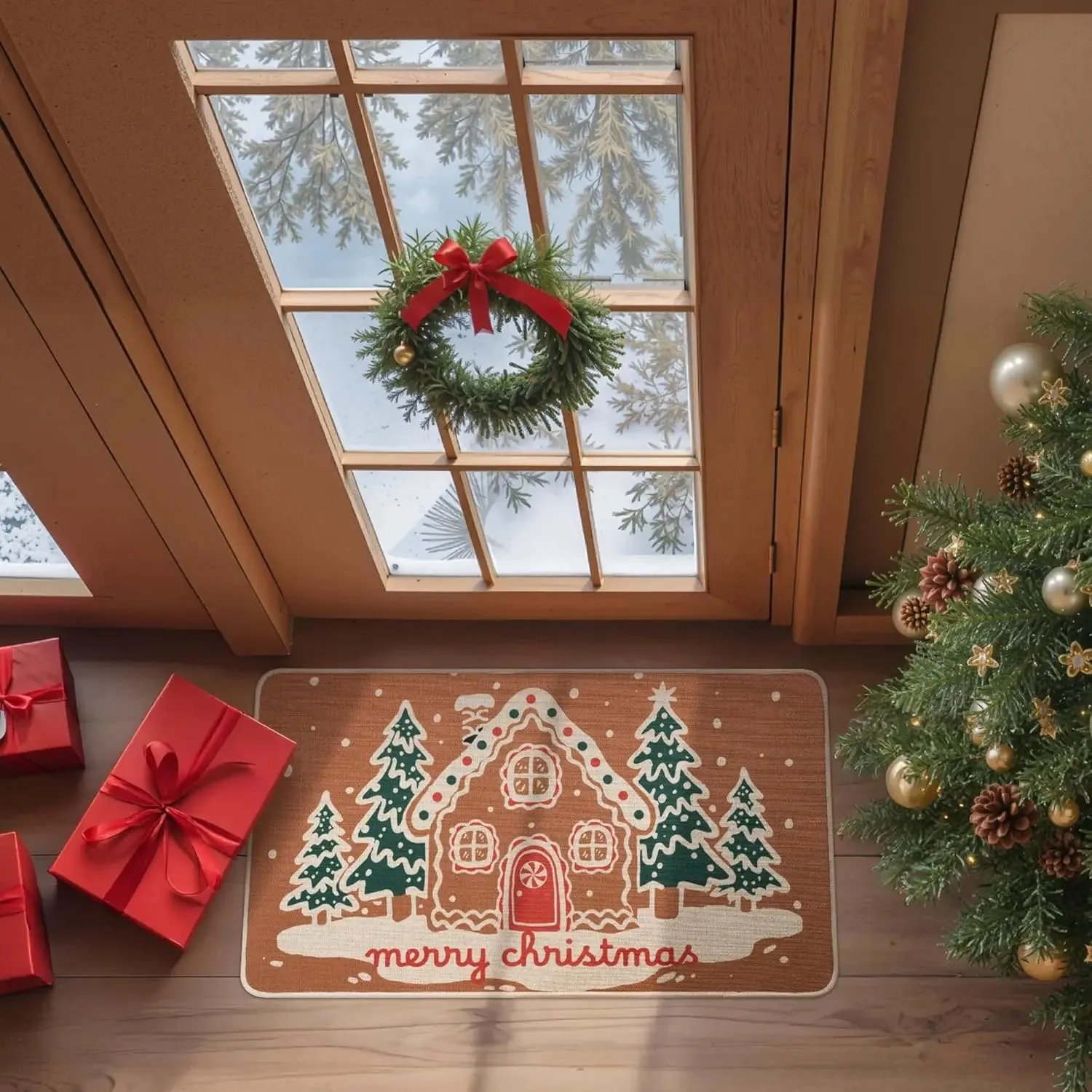 VIKAMA Christmas Cartoon Gingerbread House Door Mat, Non-Slip & Dirt-Proof, Winter Bathroom And Entrance Hall Home Decor Carpet