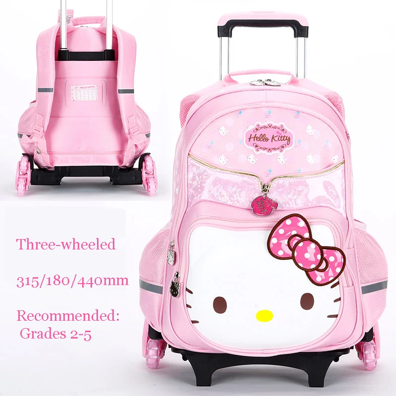 Miniso Hello Kitty Girls Trolley School Book Bags Pupils Children Travel Wheels Climbing Stairs Students 3 Rounds Gift Grade 1-5