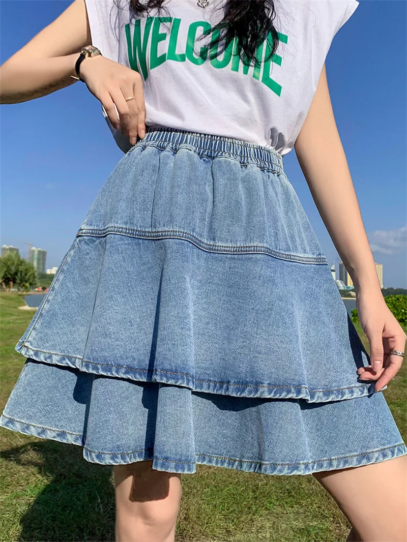 

A-line High Waist Casual Loose Ruffles Solid Simple Denim Short Skirt Summer Women