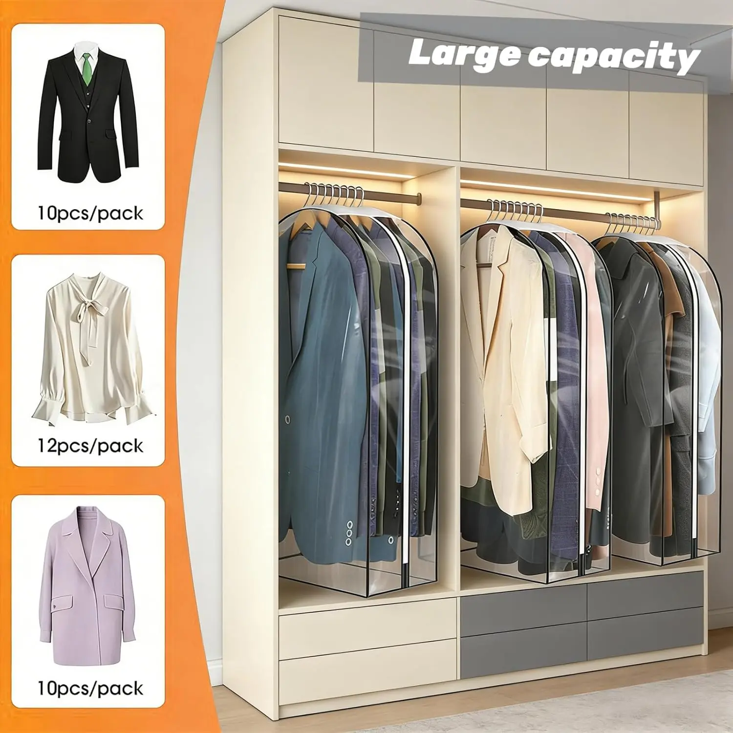 

1-5Pcs All Clear Garment Bags for Clothes Storage, 10" gussets Large Capacity Clothing Bag with Zipper,Waterproof Clothes Covers