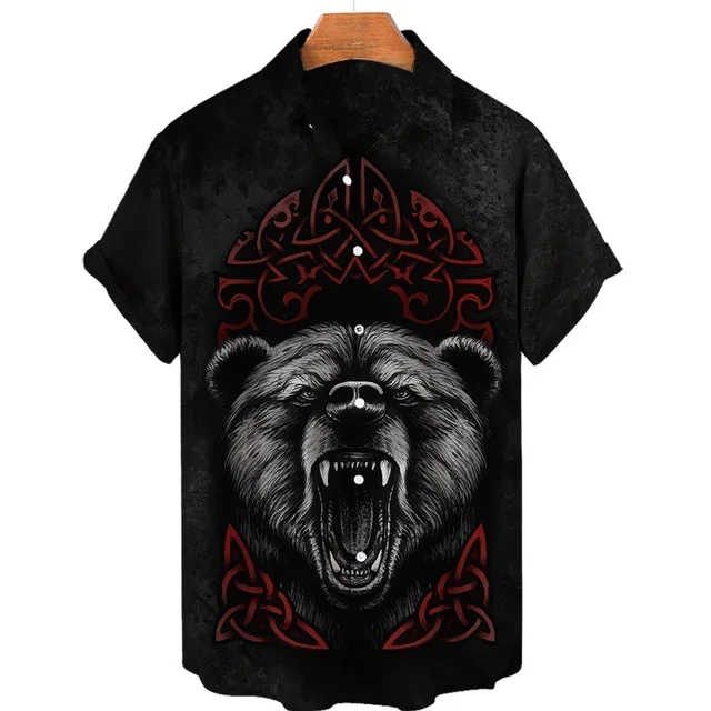 2024 New Summer men's short-sleeved Hawaiian shirt, retro, bear, animal, casual, 3D printing, Harajuku Large Size men's Shirt