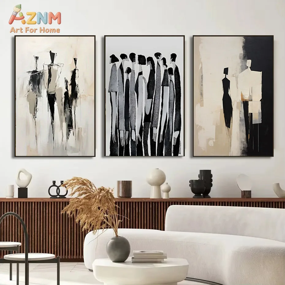 AZNM Abstract Human Figure Canvas Wall Art, Modern Minimalist Black Beige Figure Group Print Poster, Unframed Contemporary Figur