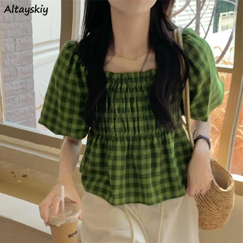Green Plaid Blouses Women Puff Sleeve Sweet Loose Vintage Summer New Folds Korean Style Female Temperament Casual Aesthetic Ins