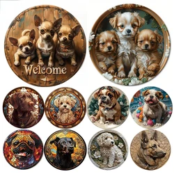 Round Metal Aluminum Sign Art Cute Dog Wreath Decorative Plates Entrance Decor Gift Mask Theme For Bar Club Home Room Wall Decor