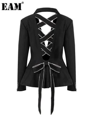 [EAM]  Women Black Bow Hollow Out Rhinestones Blazer New Lapel Long Sleeve Loose Fit Jacket Fashion Spring Autumn 2024 1DE6215