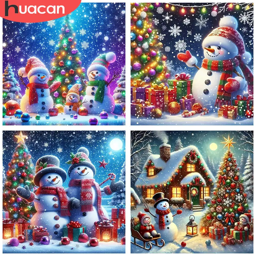 HUACAN 1 Stück Diamant-Gemälde, bunter Schneemann, Weihnachtsszene, Winter, 5D-Diamant-Stickerei-Set, 3D-Mosaik-Kunst, Heimdekoration