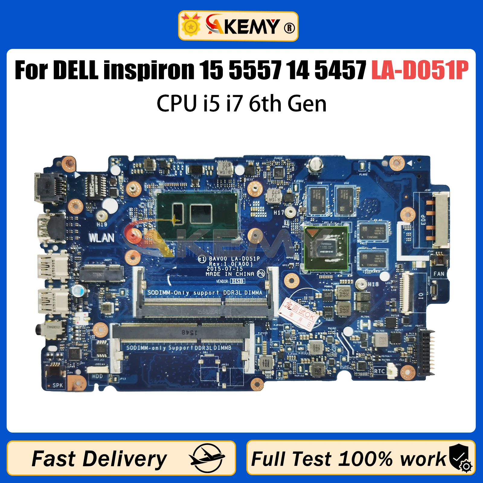 

AKEMY LA-D051P MainBoard For Dell inspiron 15 5557 14 5457 GT930M CN-02XPMY 0X9C7 Laptop Motherboard With i5-6200U i7-6500U CPU