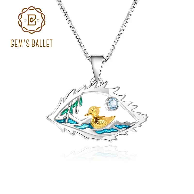 GEM'S BALLET Handmade Enamel Pendant Necklace 925 Sterling Silver Natural Swiss Blue Topaz Gull Lake Willow Women's Necklace