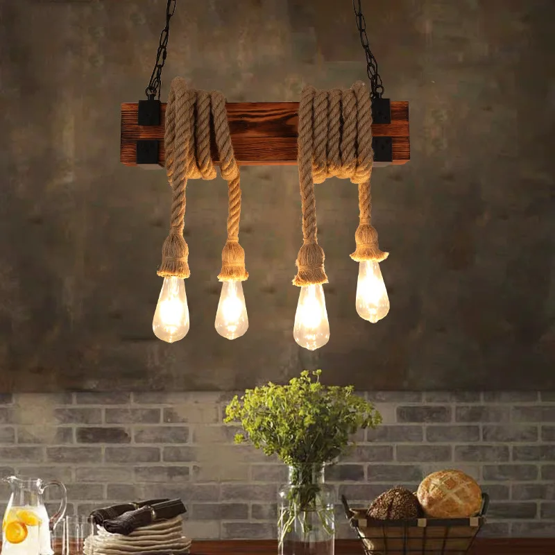 

Vintage Loft Industrial Wooden Chandelier Restaurant Lighting Lamp Bar Coffee Bar Hemp Rope Chandelier e27 Pendent Lamp