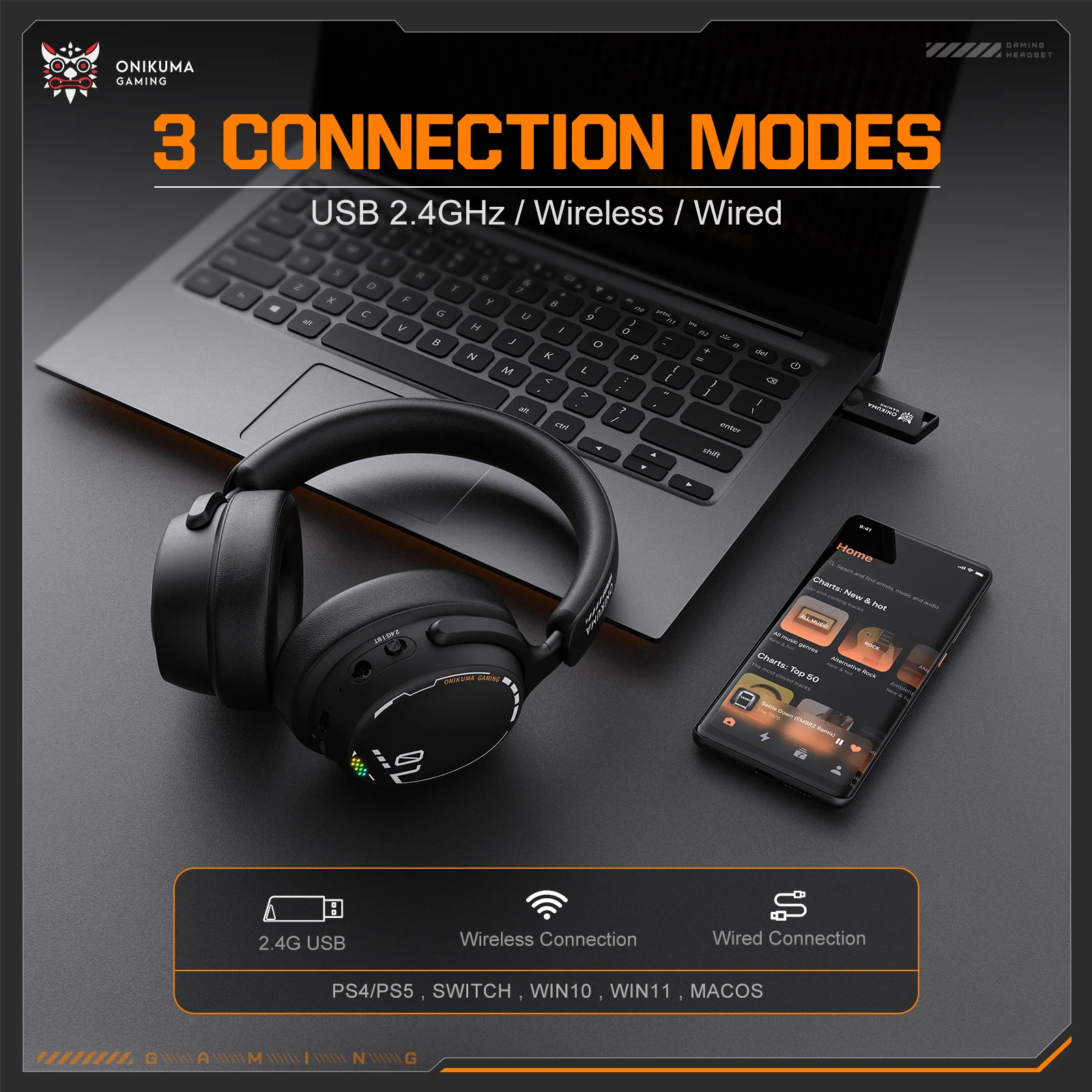 Onikuma GT806 Gaming Headset Multi-Mode Connection Long Battery Life Overhead Style Suitable for Gaming Videos And Office