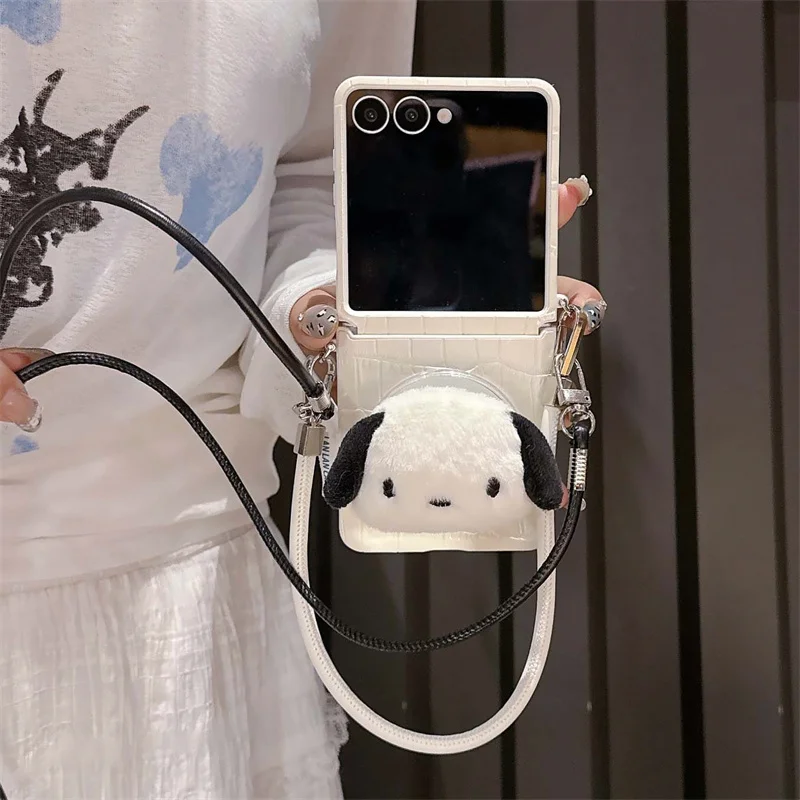 

Fashion Leather Cute Plush Dog Magnetic Stand Phone Case For Samsung Galaxy Z Flip 7 6 5 4 3 Cover with Lanyard Cases Capa