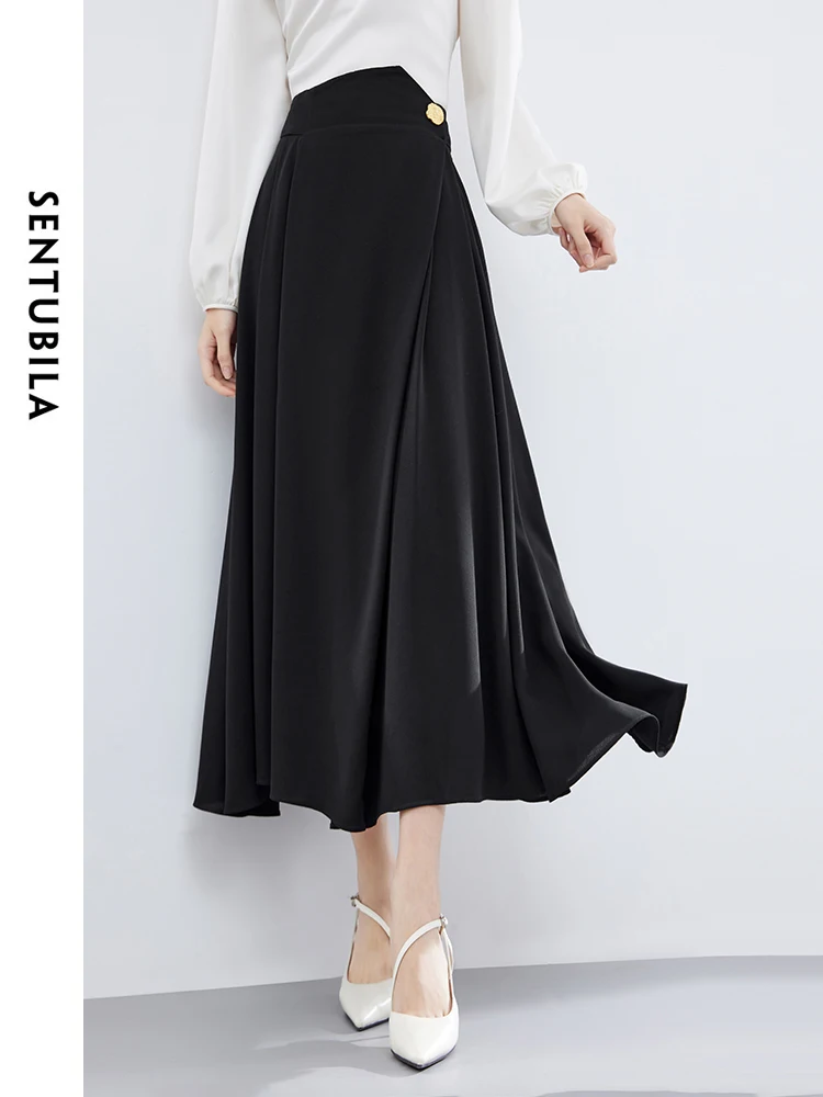 

SENTUBILA Black Irregular Pleated Elegant Long Skirt 2024 Summer Simple High Waist A-line Umbrella Women's Skirts 141Q52926