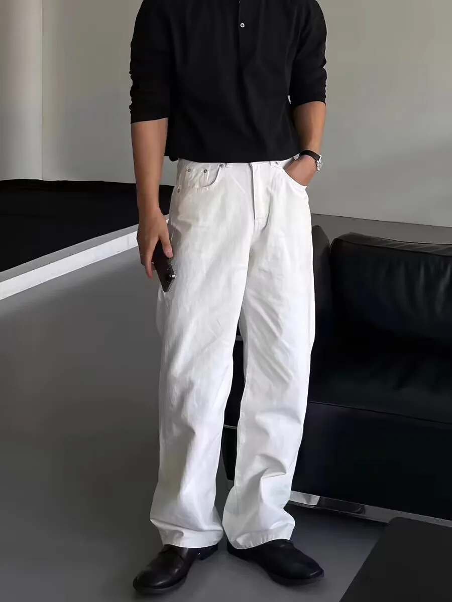 

American Retro White Jeans Men's High Waist Loose Straight Leg Slimming Long Casual Workwear Trousers for Teenagers