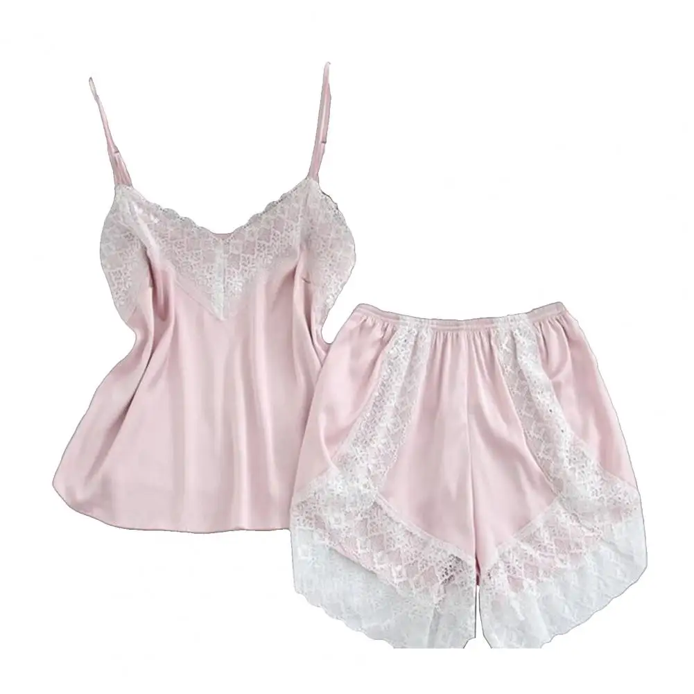 

Lace Trim Pajama Set for Women 2 Piece V Neck Sleeveless Cami Tank Top And Shorts Set Summer Sexy Lounge Sleepwear Silk-like Paj