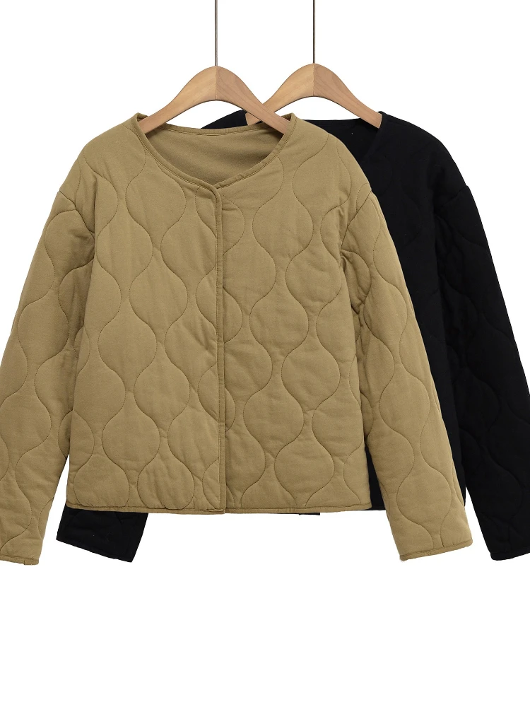 

2025 Autumn and Winter New Versatile Diamond Round Neck Loose Cotton Jacket Loose Casual Cotton Jacket Women Clothing