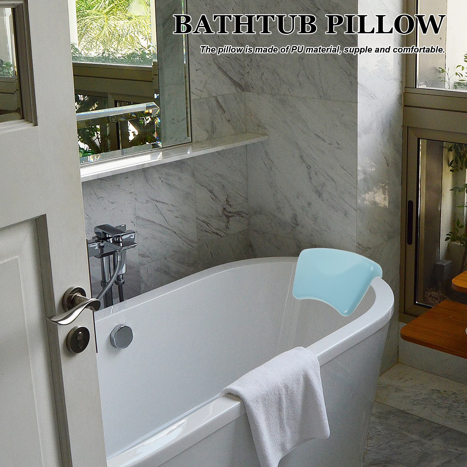 

Bathtub Pillow Soft PU Bath Pillow Soaking Tub Headrest Cushion Suction Cup Spa Bathroom Accessories Light Blue