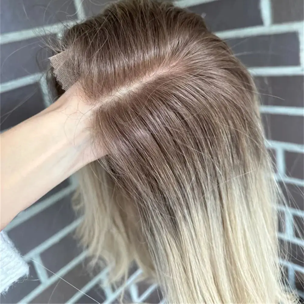 

Короткий волнистый синтетический парик Ombre Blonde Hair Ash Roots Средняя часть кружева спереди Парик боб 14-дюймовая длина плеч Термостойкое волокно