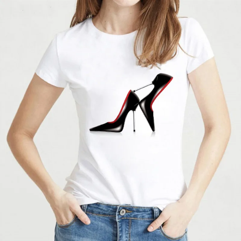 Women's Short Sleeve T-shirt Fashion High Heels Series Printed Base Shirt Graphic Tshirts Tops Summer Polyester Fabric