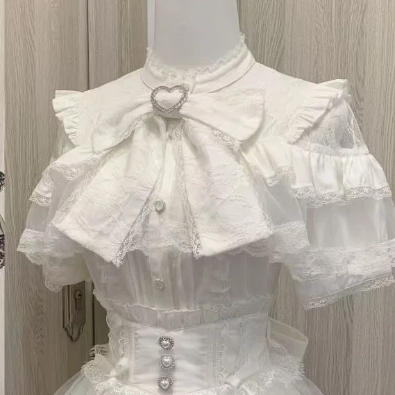 Japanisches Lolita-Schleifenhemd, subkulturelle Hemden, weiblich, niedliche schwarze und weiße Spitze, langärmelige, kurzärmelige Bluse für Damen