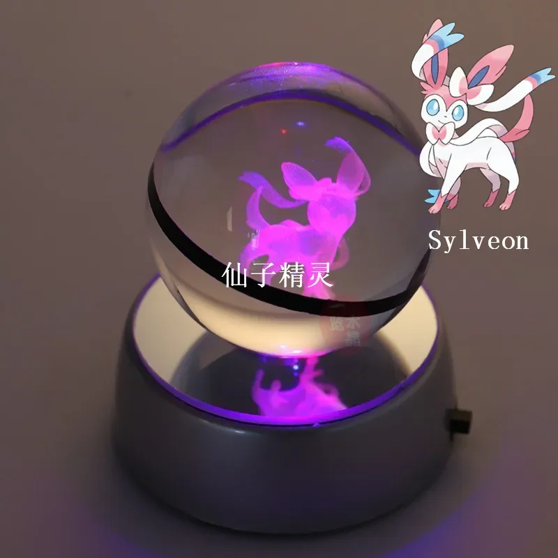 Anime Pokemon Sylveon 3D Crystal Ball Pokeball Anime Figures Engraving Crystal Model with LED Light Base Kids Toy ANIME GIFT