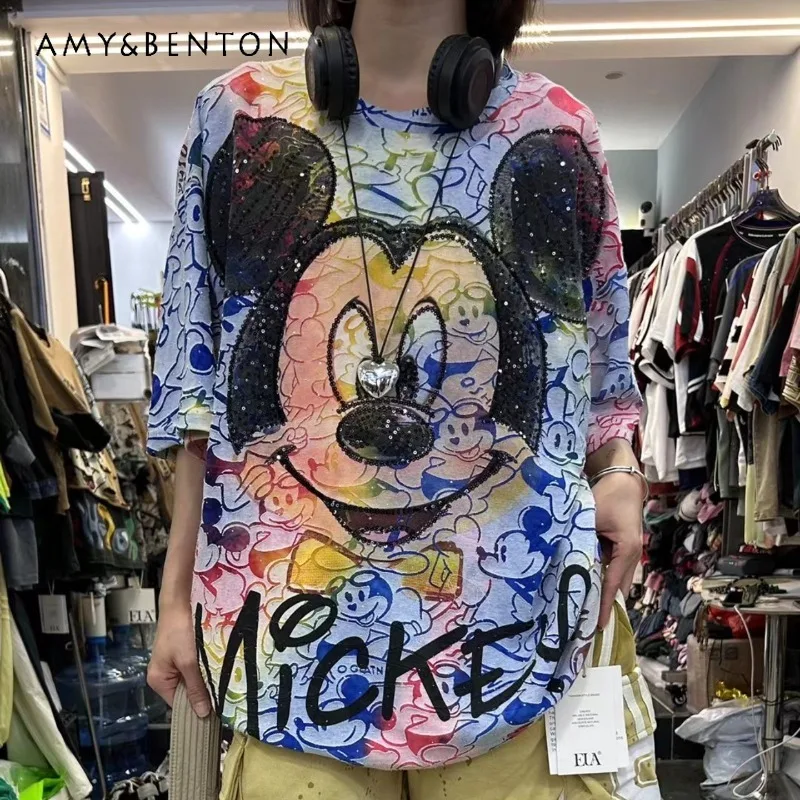 

Summer New Arrival Heavy Industry Tie-dye Sequin Cartoon Short-sleeved T-shirt Women's Trendy Brand Oversized Design Top Tshirts