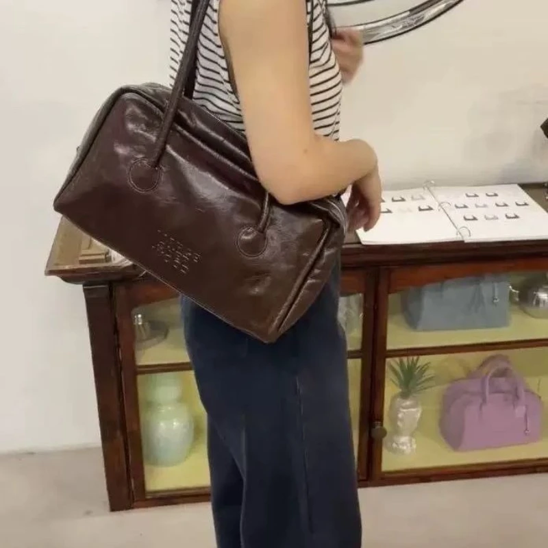 Margesherwood new Korean fashion casual leather Boston handbag, underarm single-shoulder bag