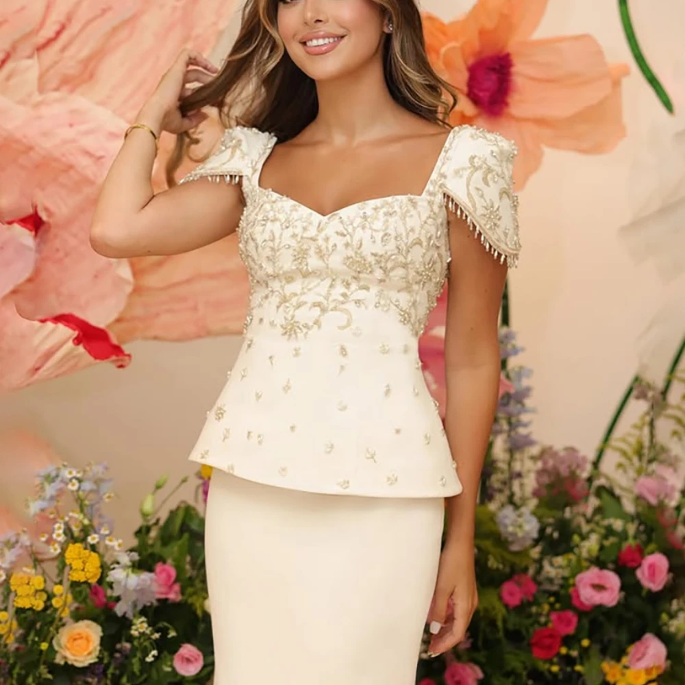 فستان حفلات الزفاف للنساء رقبة على شكل قلب وأكمام قصيرة كريستال حورية البحر طول الأرض فستان سهرة فاخر دبي مخصص