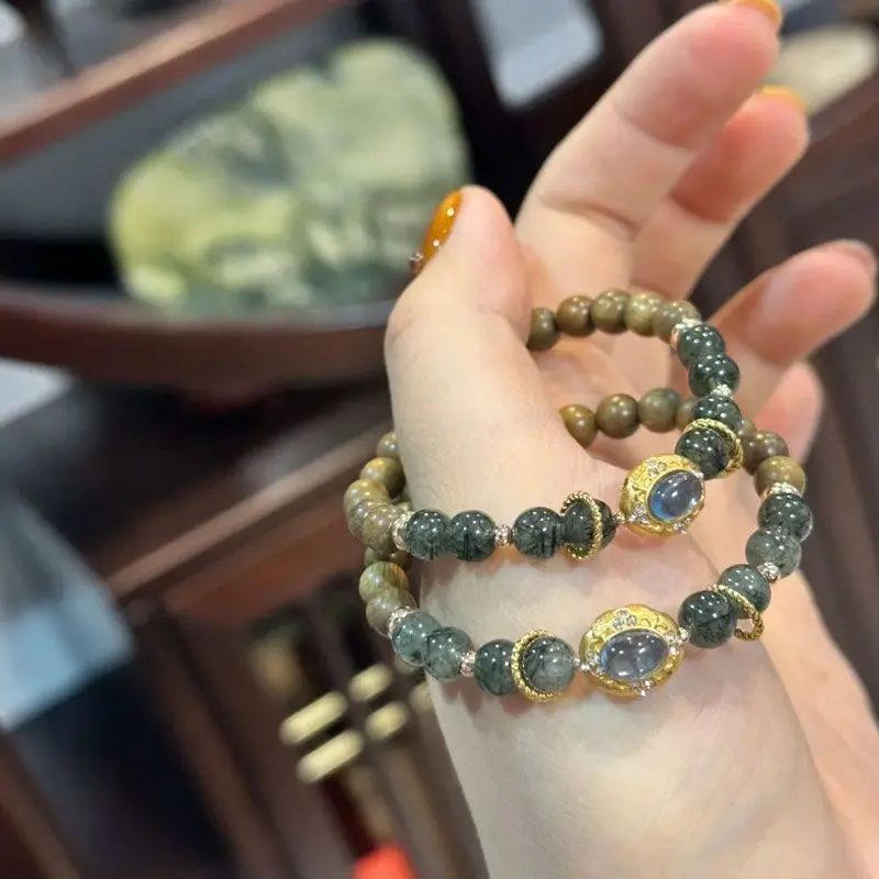 Natural Green Hair Crystal Single Ring Bracelet Women's Green Sandalwood Niche Exquisite Sandalwood Crystal Simple Hand String