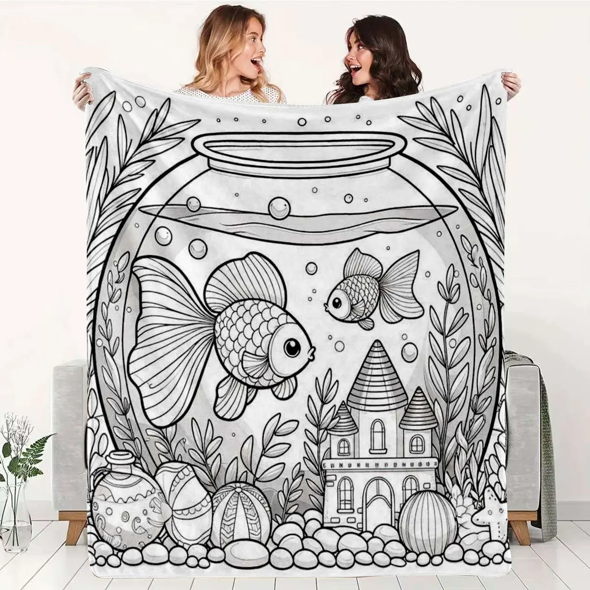 Aquarium Scene DIY Coloring Throw Blanket, Black White Line Art with Goldfish Castle Underwater Elements, Decor Blanket for Home