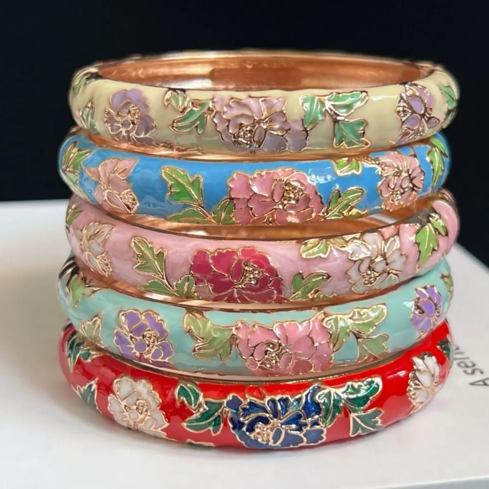 에나멜 중국 클로이소네 팔찌 전통 더블 뱅글 모란 필리그리 꽃 뱅글 민족 빈티지 여성용 손목 팔찌