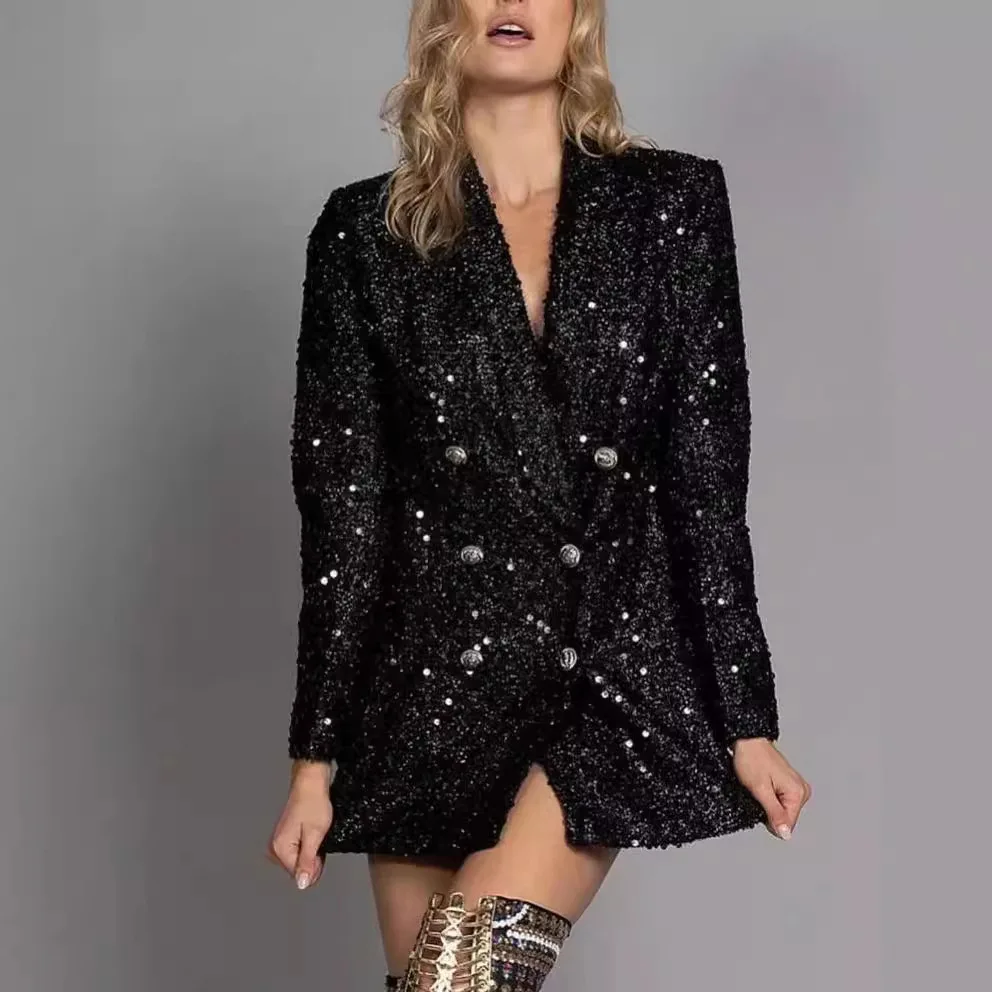 New Coat Women Clothing Deeep V Neck Black Sequins Blazer Double Breasted Cropped Blazer Slim Jackets Femme Mujer Traf Fashion