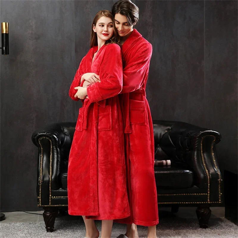 Thicken Flannel Couple Long Bathrobe Sleepwear Red Coral Fleece Bridegroom Bride Wedding Robe Autumn Winter Homewear Lounge Wear